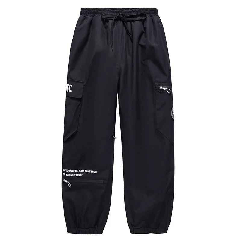 Unisex waterproof and windproof black ski pants with elastic waist, perfect for skiing in any condition. Polyester fabric design, SF1825.